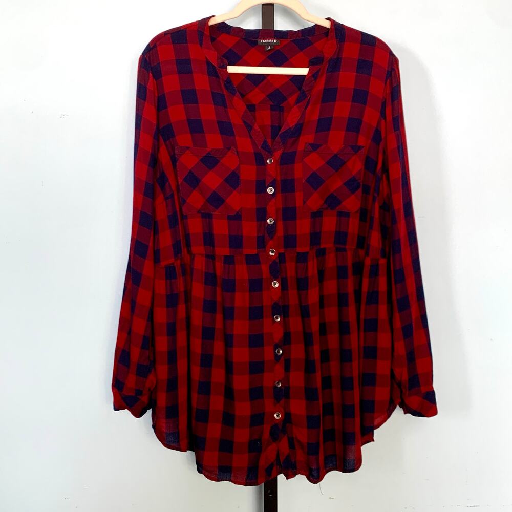 Torrid Red Buffalo Plaid Button Front Tunic Size 2 (2X) - Picture 2 of 7